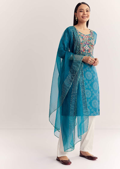 Blue Dola Silk Printed Kurta Dupatta Set With Embroidered Neckline