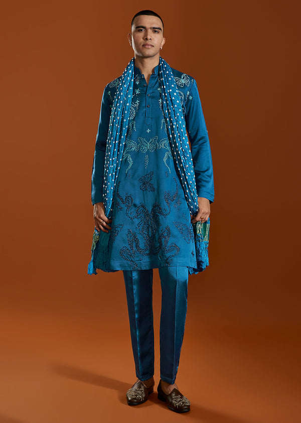 Blue Hand Embroidered Silk Kurta Pant Set