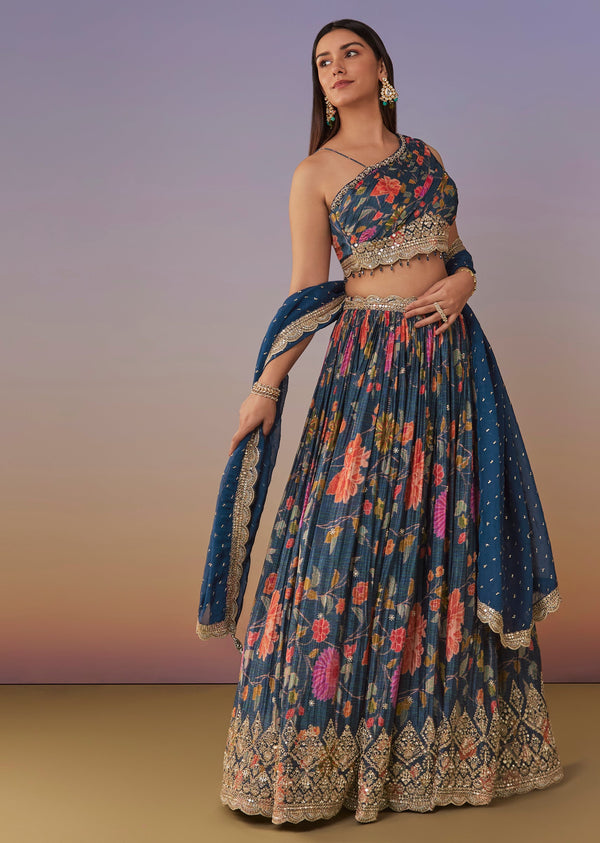 Blue Floral One Shoulder Lehenga Set With Sequin Detailing