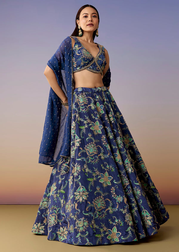 Blue Floral Print Bridesmaid Lehenga Set