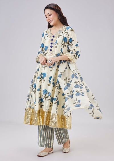 Blue Floral Printed Anarkali Set With Dupatta