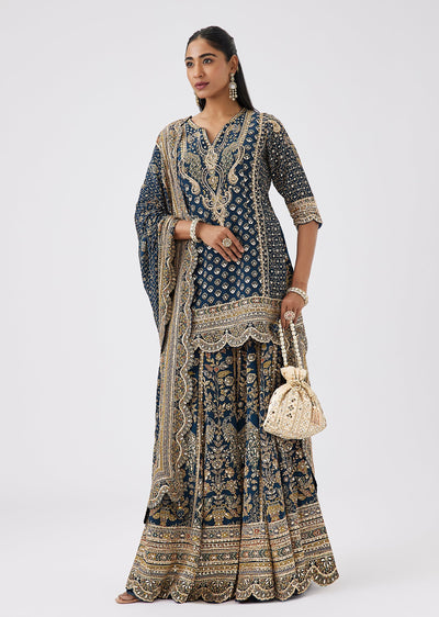 Blue Indie Print Embellished Palazzo Suit