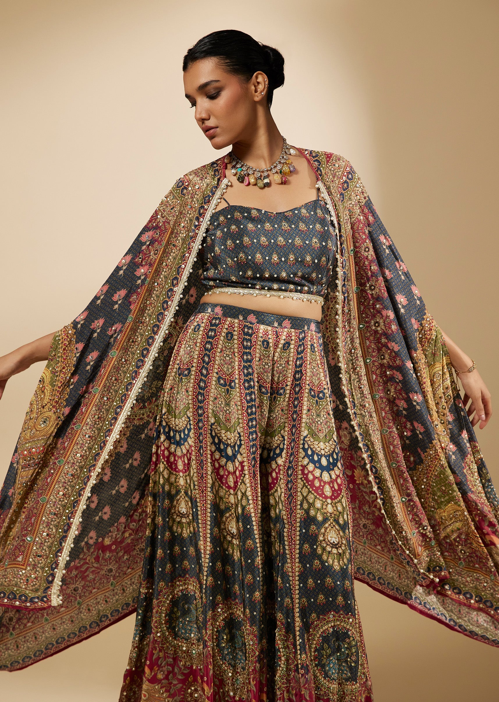 Blue Indie Printed Crop Top Cape Set With Mirror And Moti Work