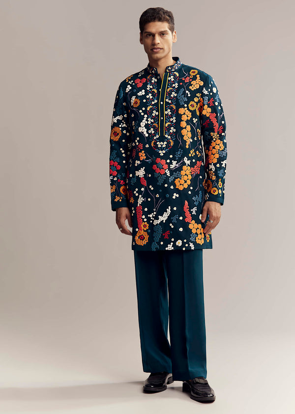 Blue Kurta Set For Men With Patchwork