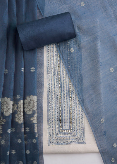Blue Linen Printed Unstitched Suit Set With Dupatta