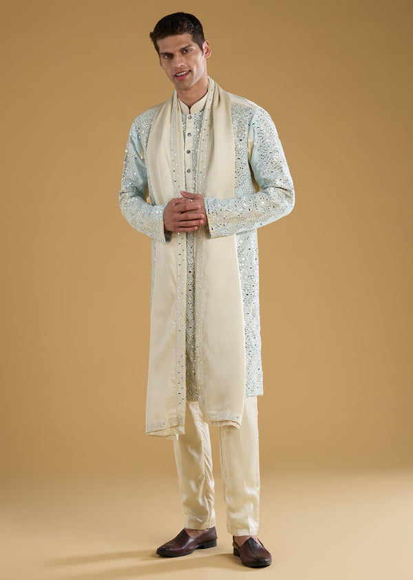 Blue Linen Silk Blend Mens Kurta Set