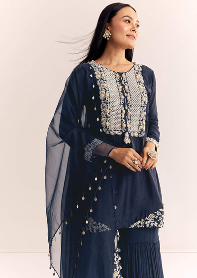 Blue Moti Threadwork Dola Silk Sharara Suit With Organza Dupatta