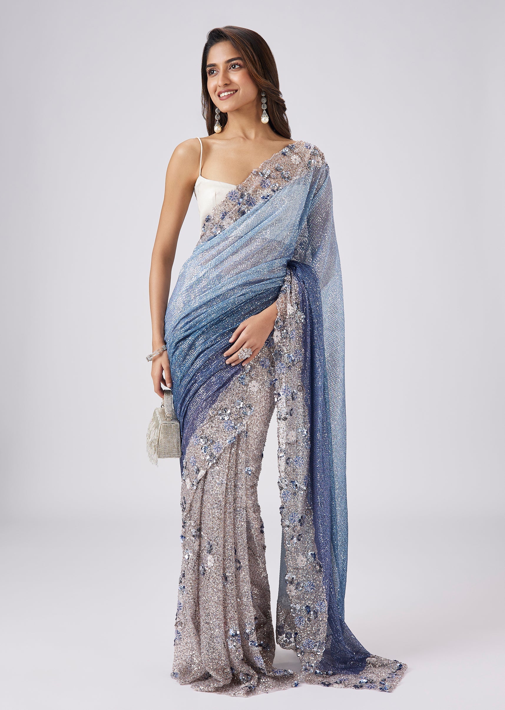 Blue Net Half And Half Sequin Saree