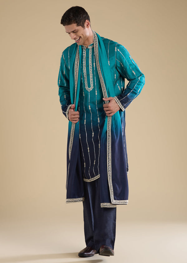 Blue Ombre Kurta Set With Dupatta And Pants