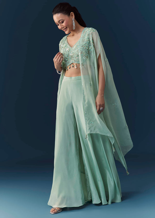 Blue Organza Embroidered Crop Top Palazzo Set with Cape