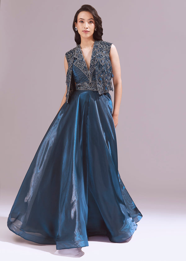 Blue Organza Jumpsuit With Jacket