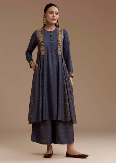 Blue Printed Cotton Kurta Palazzo Set with Thread Work