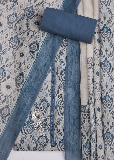 Blue Printed Cotton Unstitched Suit Set With Dupatta