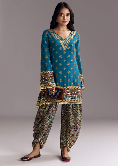 Blue Printed Dhoti Set With Ajrakh Detail