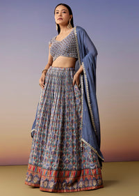 Blue Printed Jacquard Bridesmaid Lehenga Set