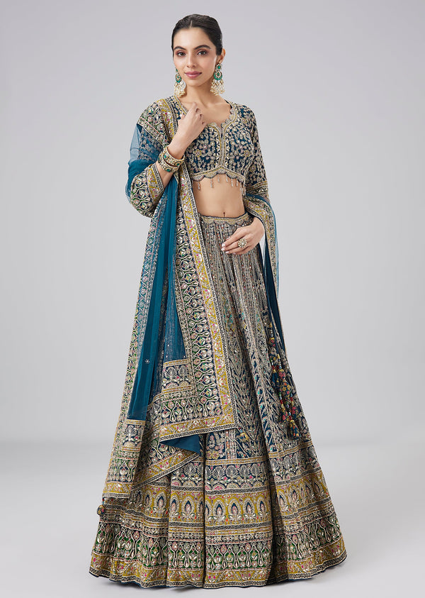 Blue Printed Zari Embellished Lehenga Set With Dupatta