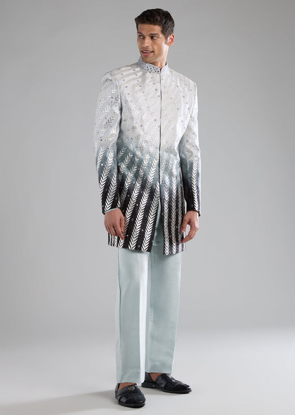 Blue Rawsilk Indowestern Kurta Set with Applique Work