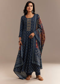 Blue Roman Silk Printed Anarkali Set