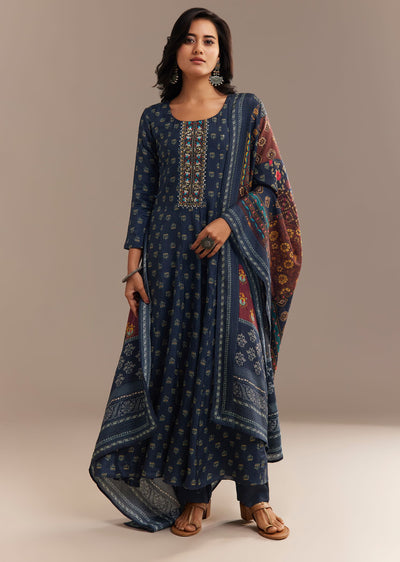 Blue Roman Silk Printed Anarkali Set