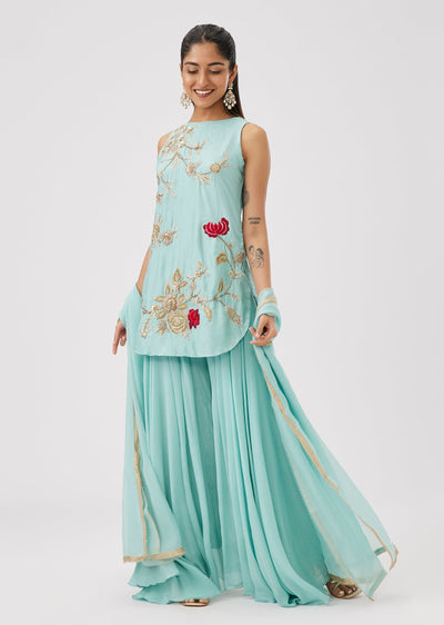 Blue Russian Silk Palazzo Suit With Floral Zari And Thread Embroidery