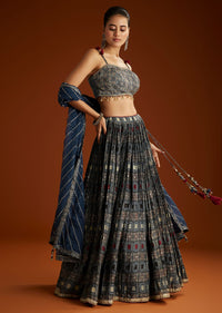 Blue Satin Ajrakh Printed Lehenga Choli With Dupatta