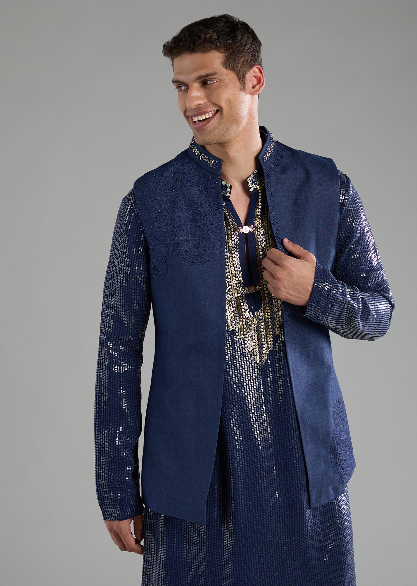 Blue Sequin Embellished Mens Jacket Kurta Set