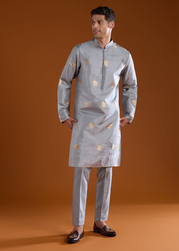Blue Sequin Work Banarasi Silk Kurta Pant Set
