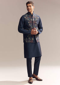 Blue Silk Kurta Jacket Set For Men With Resham Embroidery