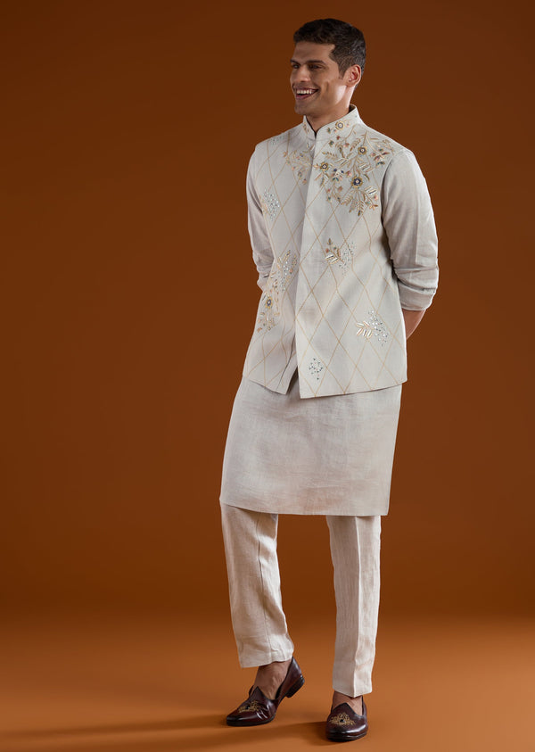 Blue Silk Kurta Jacket Set With Thread And Mirror Work
