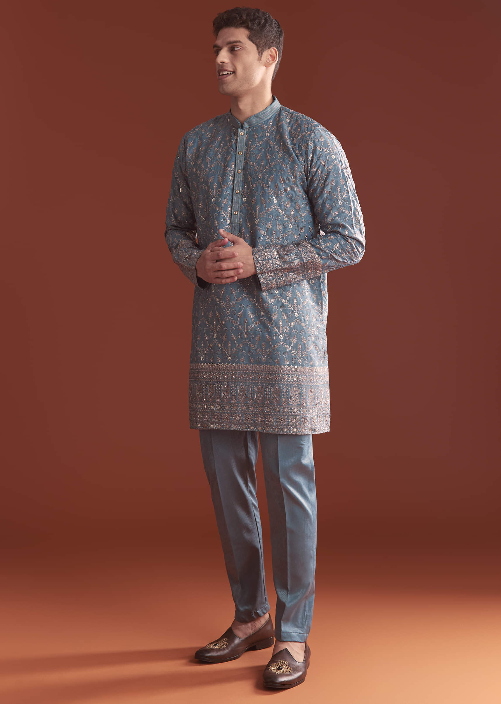 Blue Silk Kurta Set For Men With Intricate Resham Embroidery