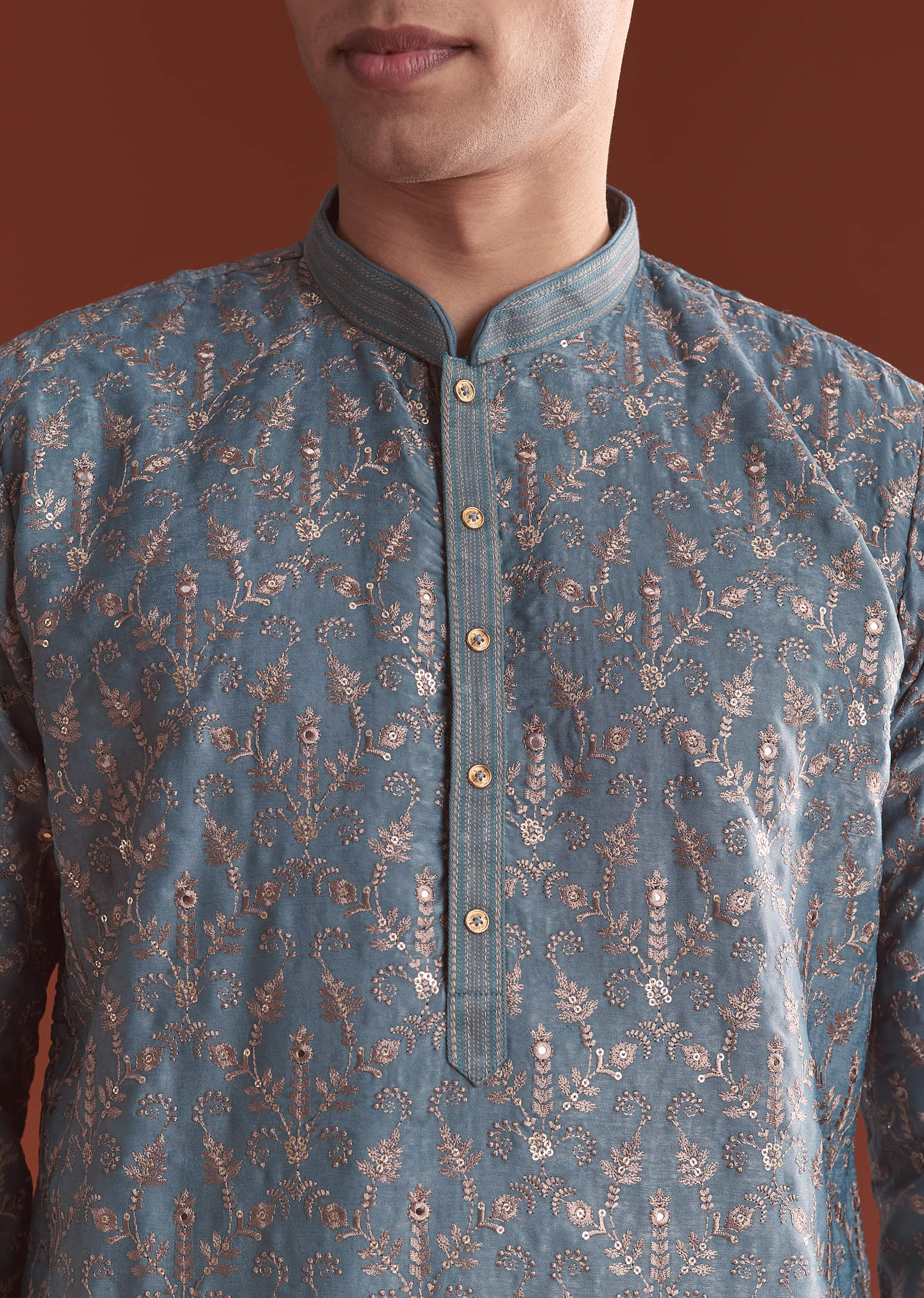 Blue Silk Kurta Set For Men With Intricate Resham Embroidery