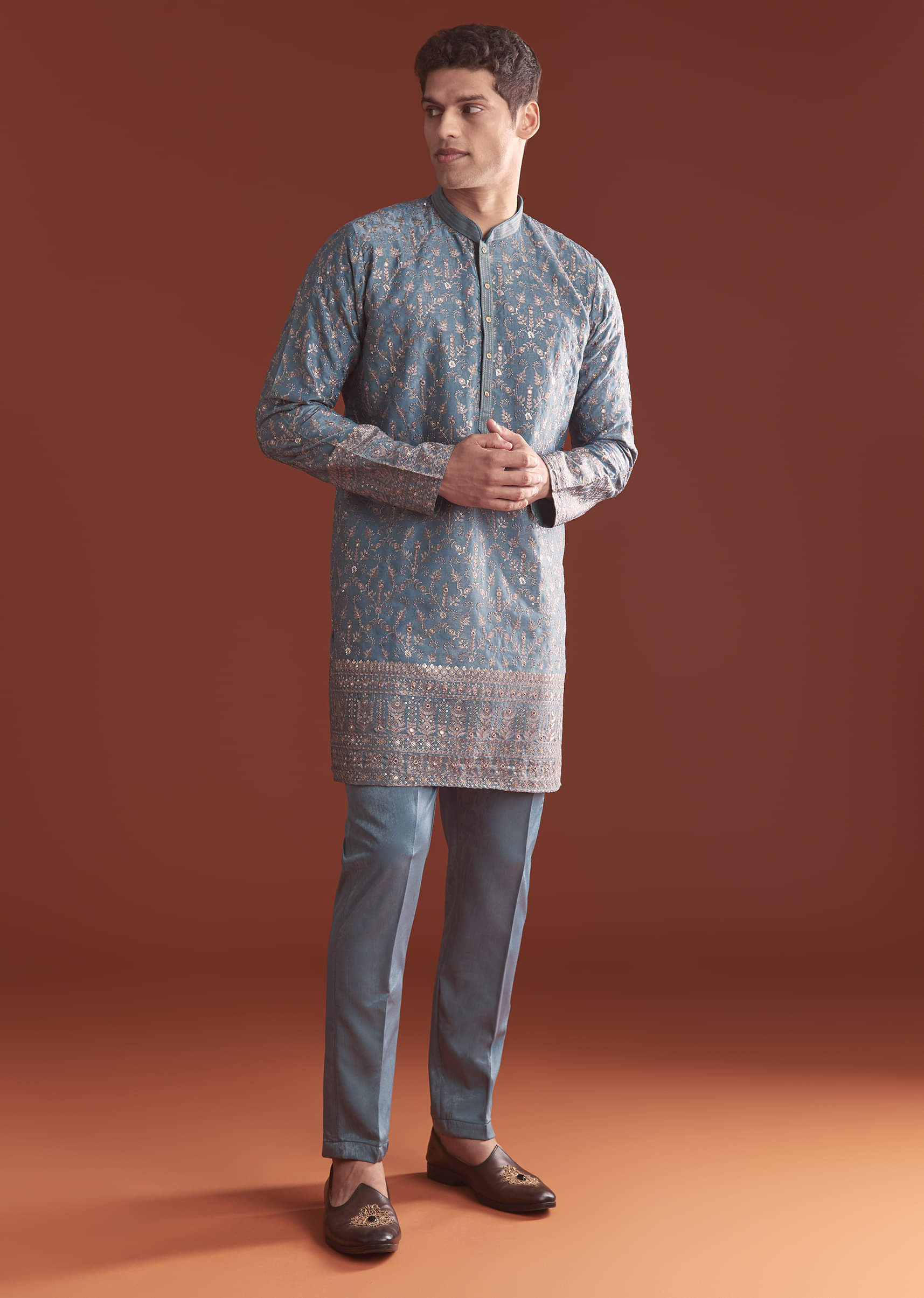 Blue Silk Kurta Set For Men With Intricate Resham Embroidery