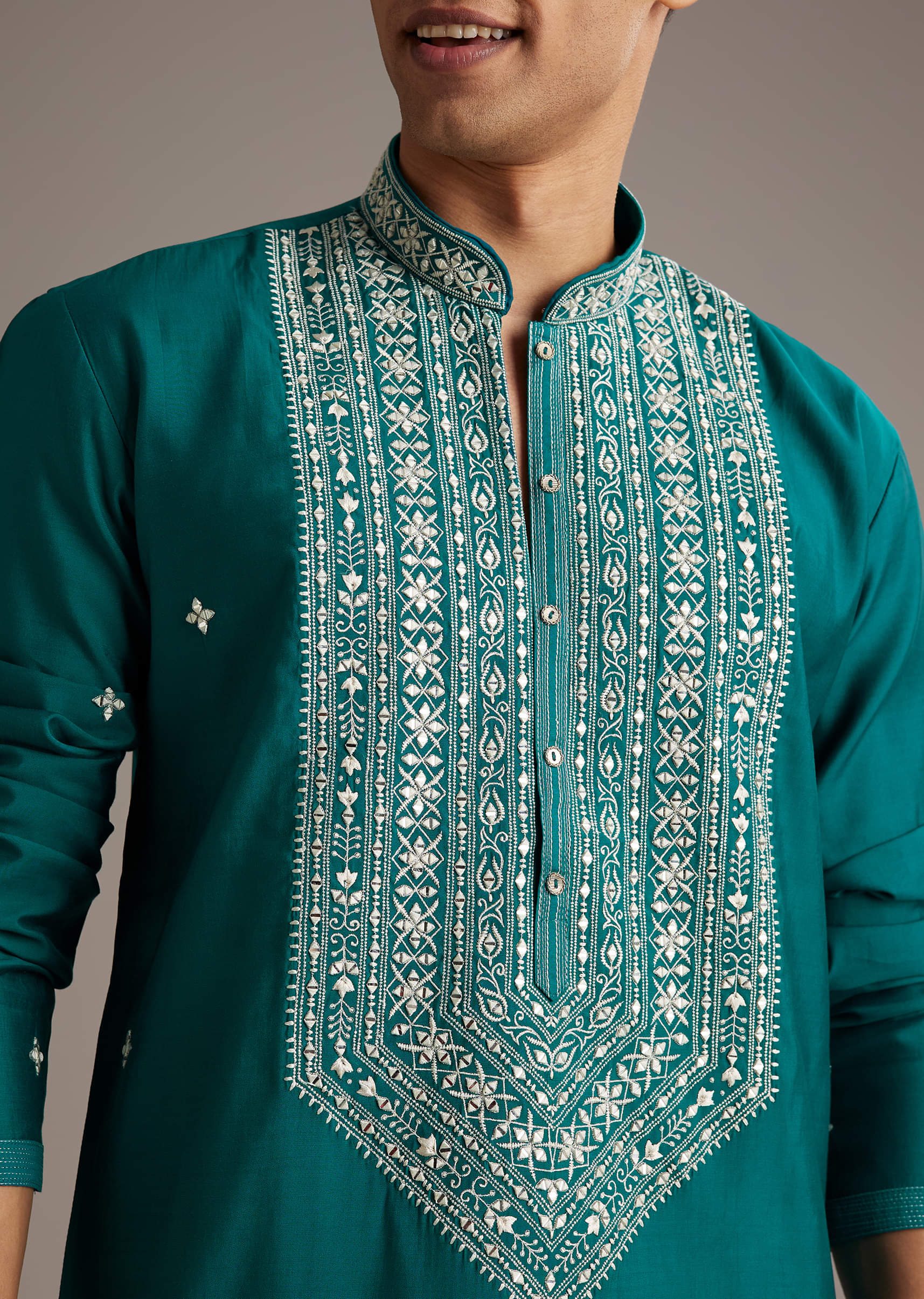 Blue Silk Kurta Set For Men With Mirror And Thread Work