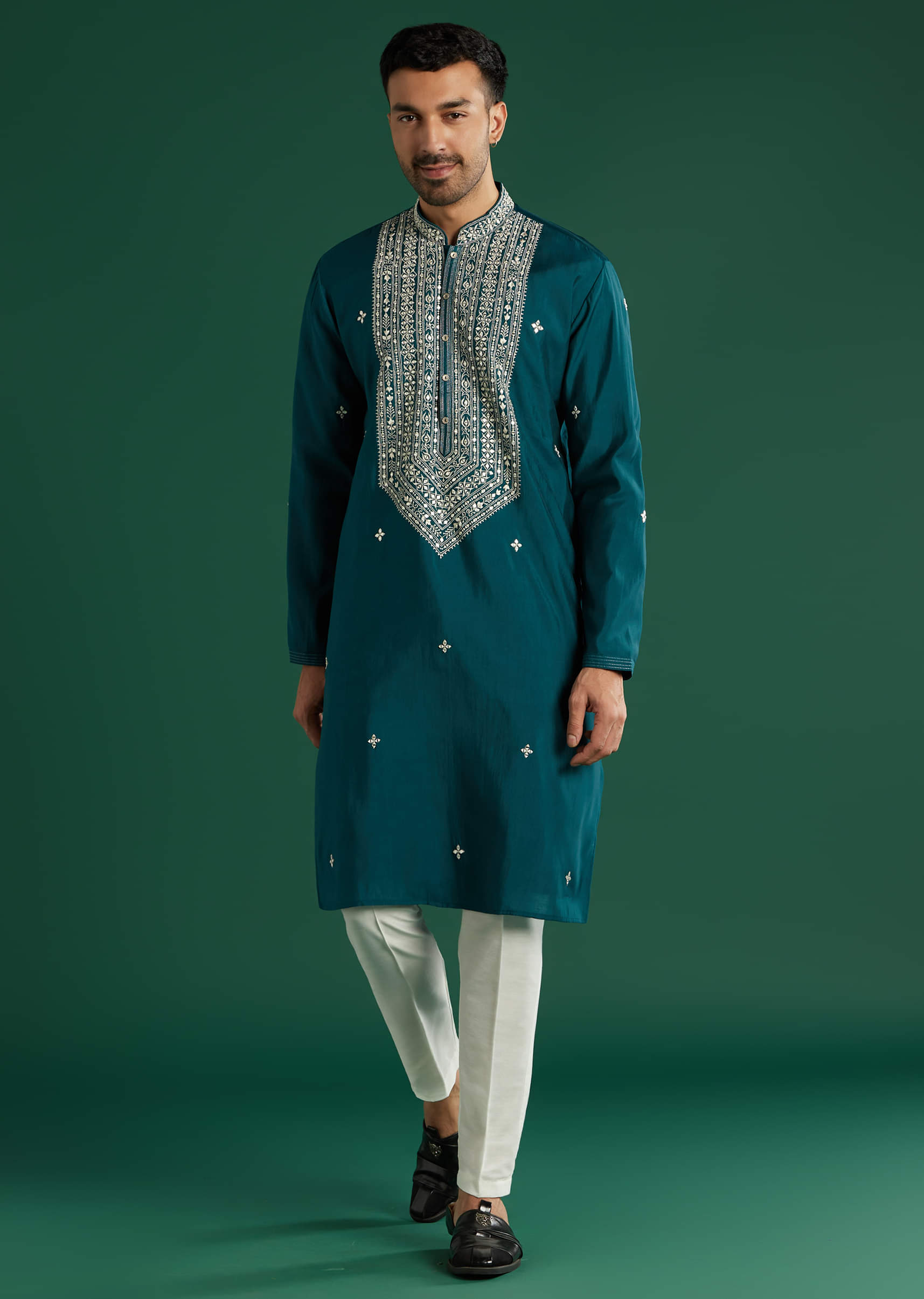 Blue Silk Kurta Set For Men With Mirror And Thread Work
