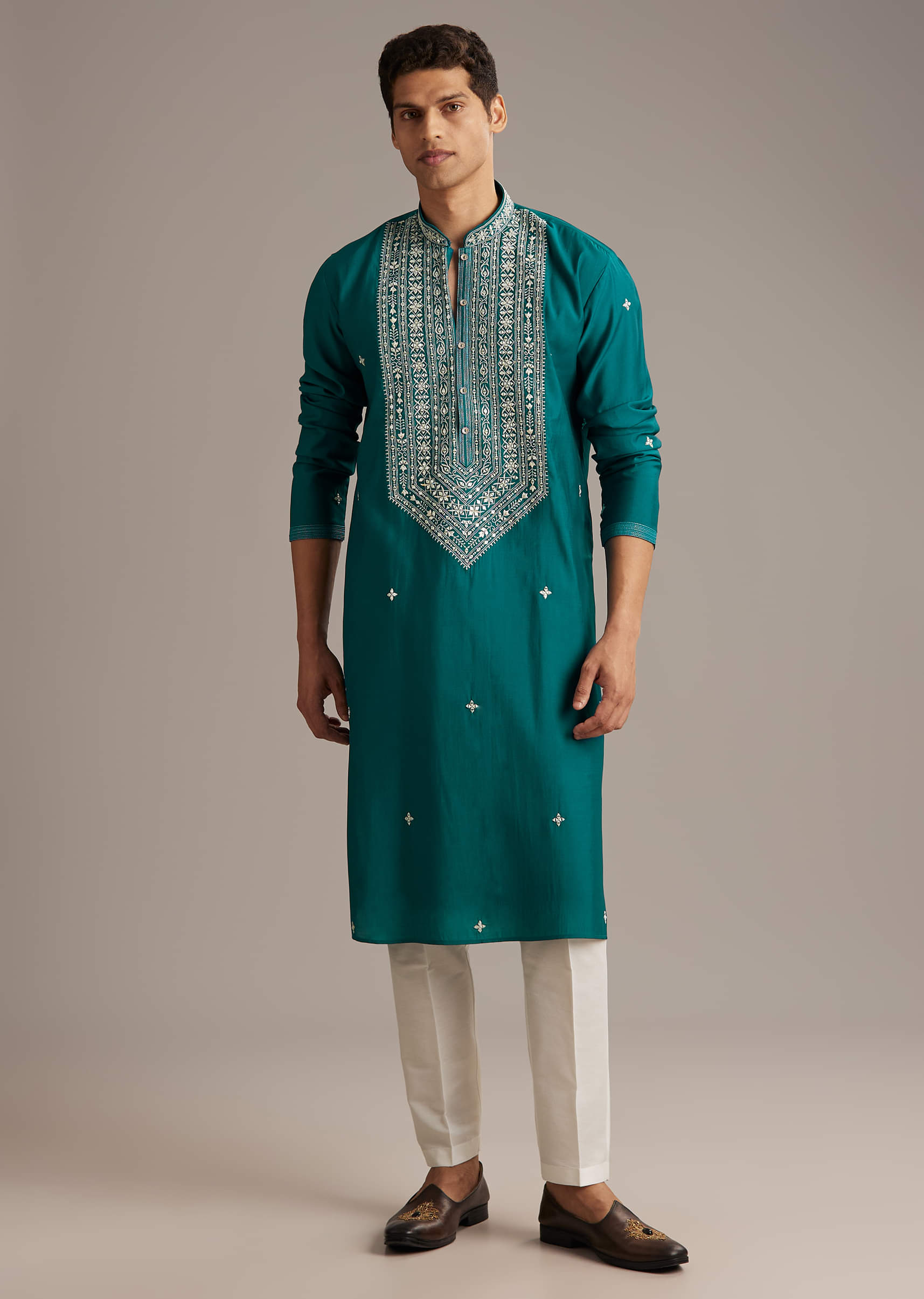 Blue Silk Kurta Set For Men With Mirror And Thread Work