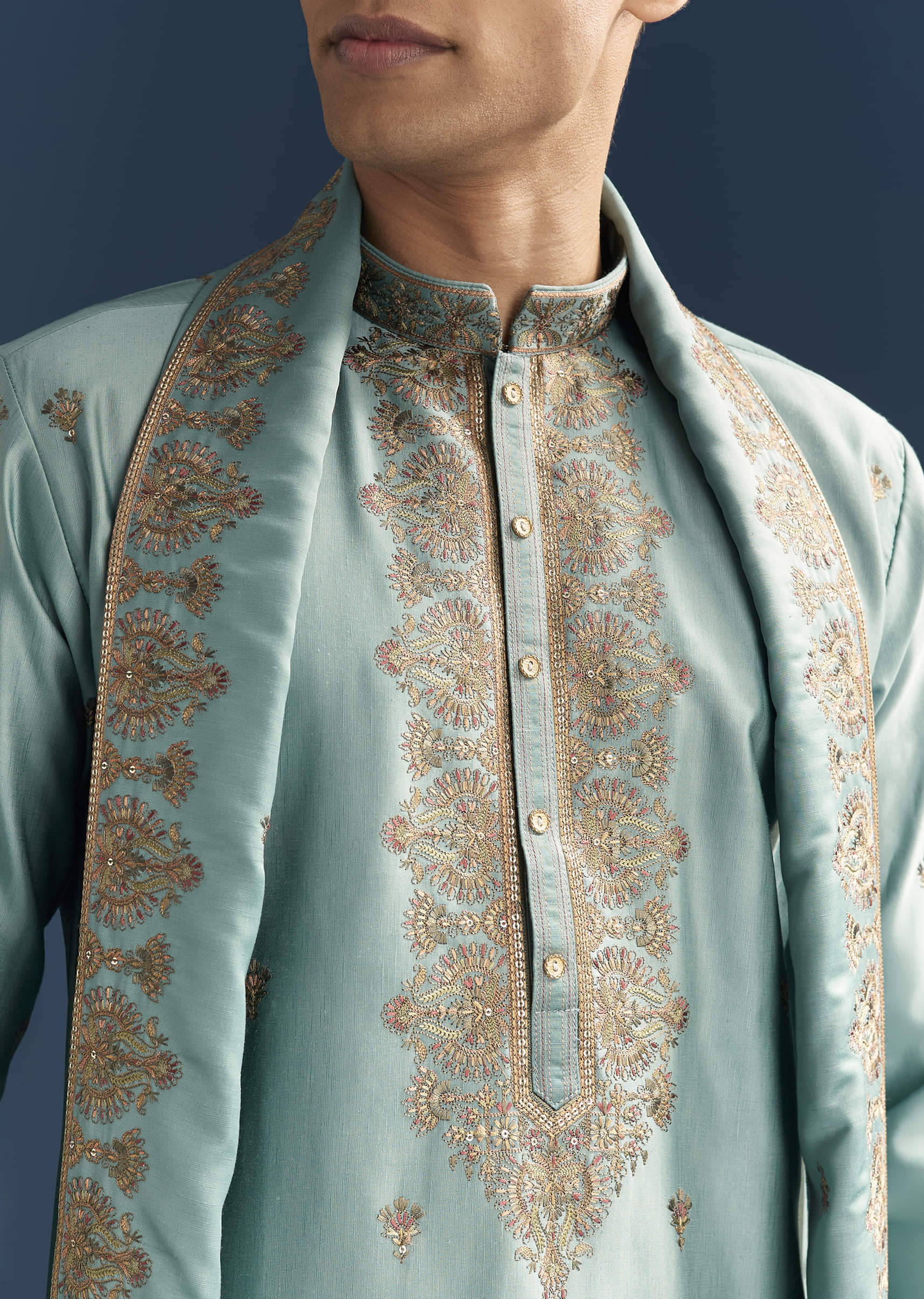 Blue Silk Kurta Set For Men With Thread Embroidery