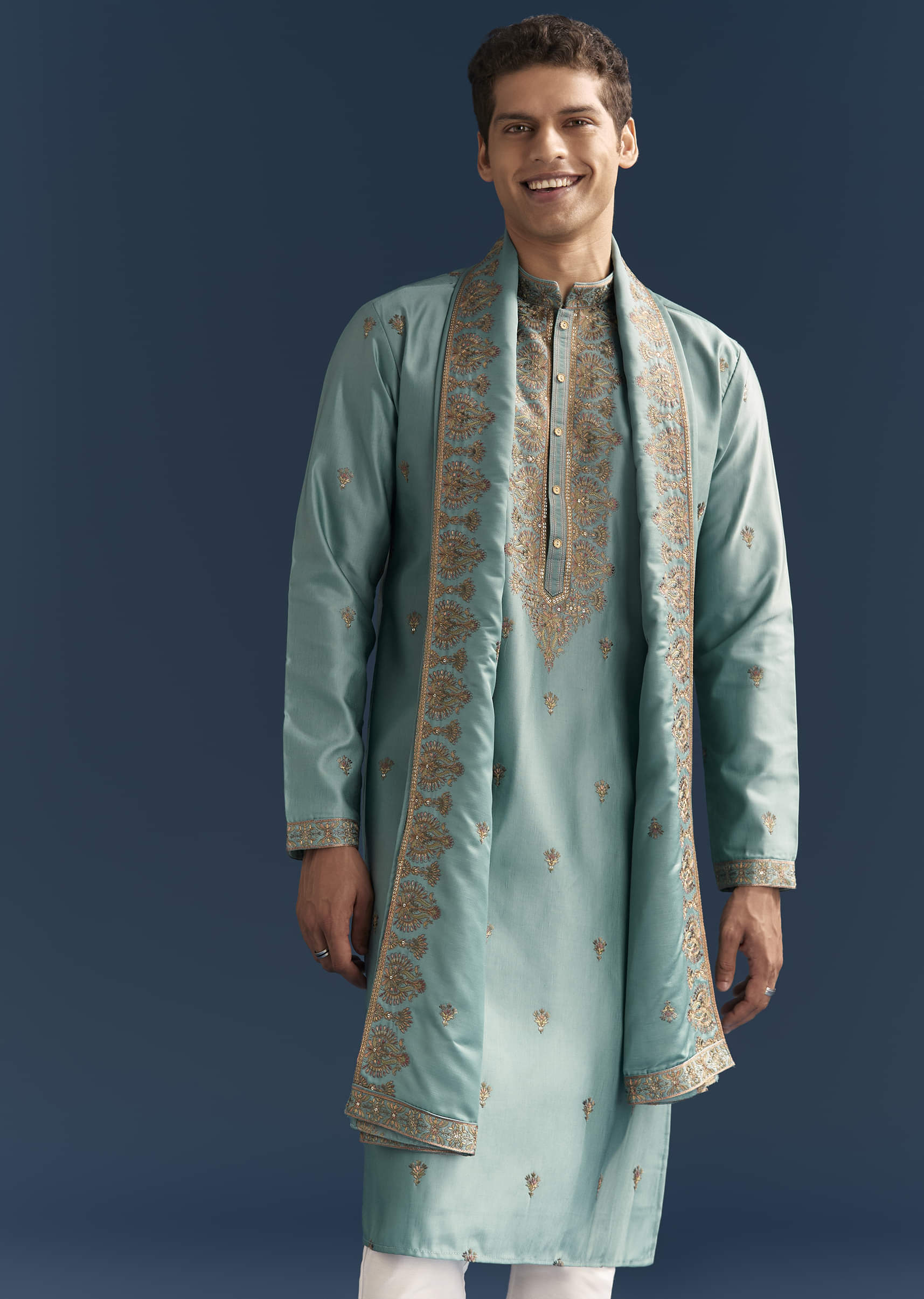 Blue Silk Kurta Set For Men With Thread Embroidery