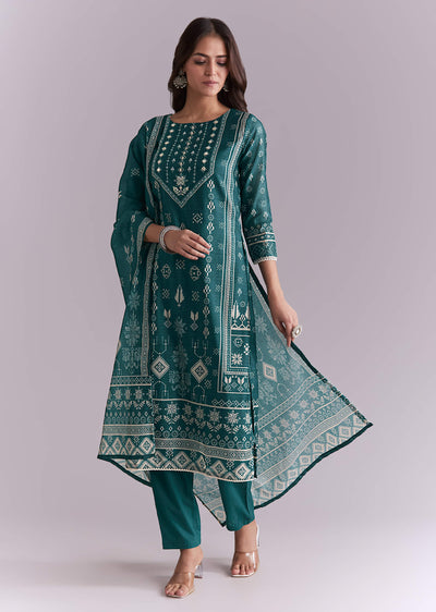 Blue Silk Kurta Set With Indie Print