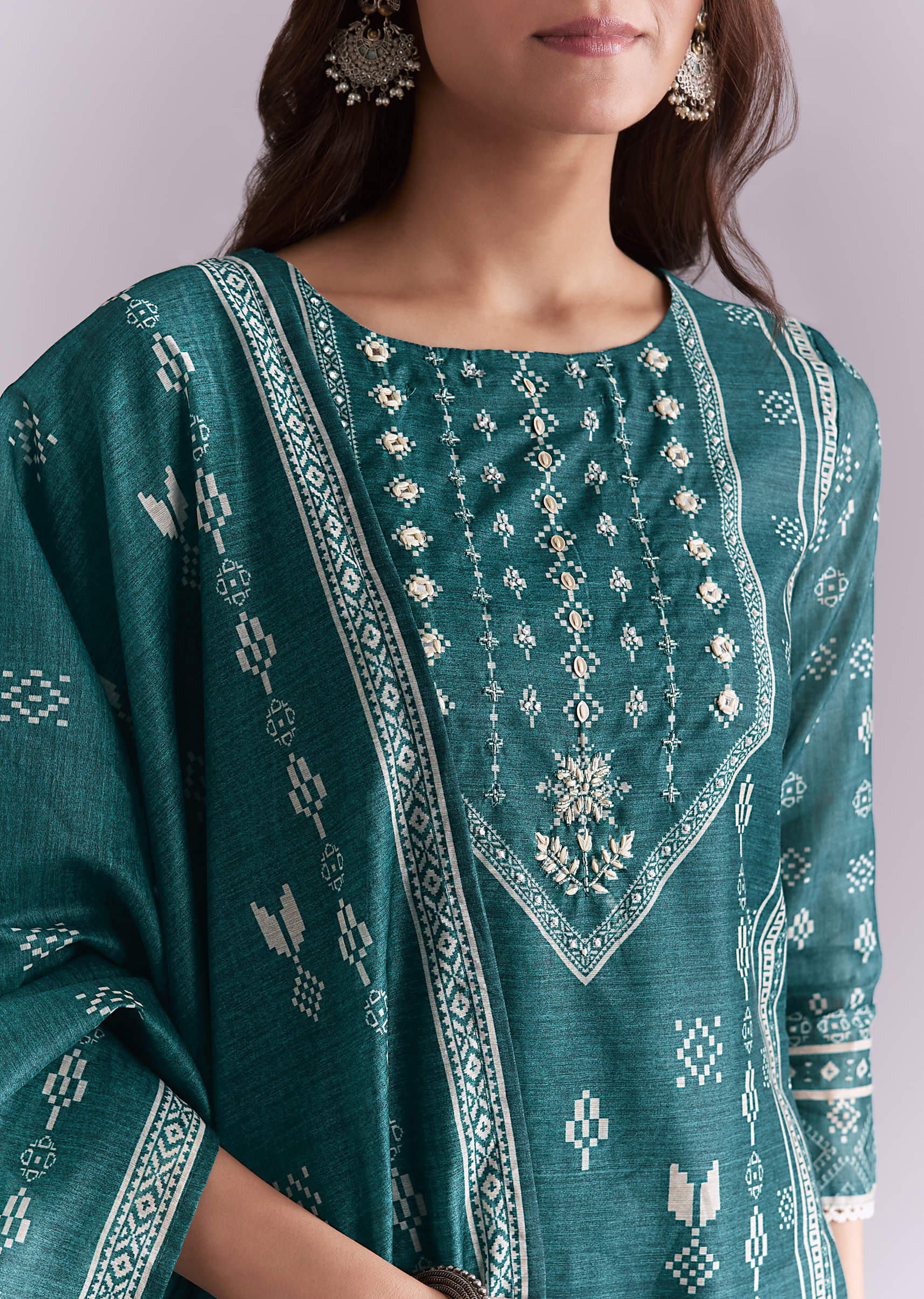 Blue Silk Kurta Set With Indie Print