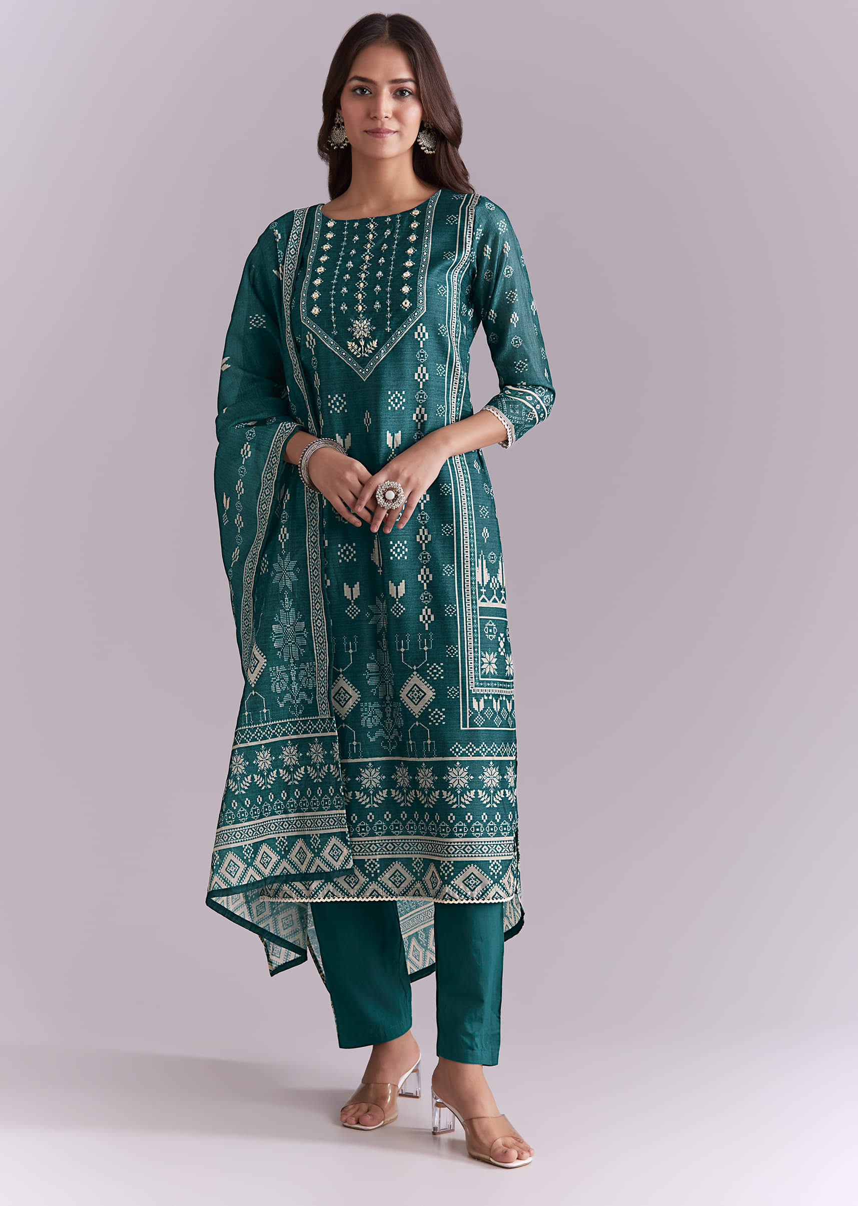 Blue Silk Kurta Set With Indie Print