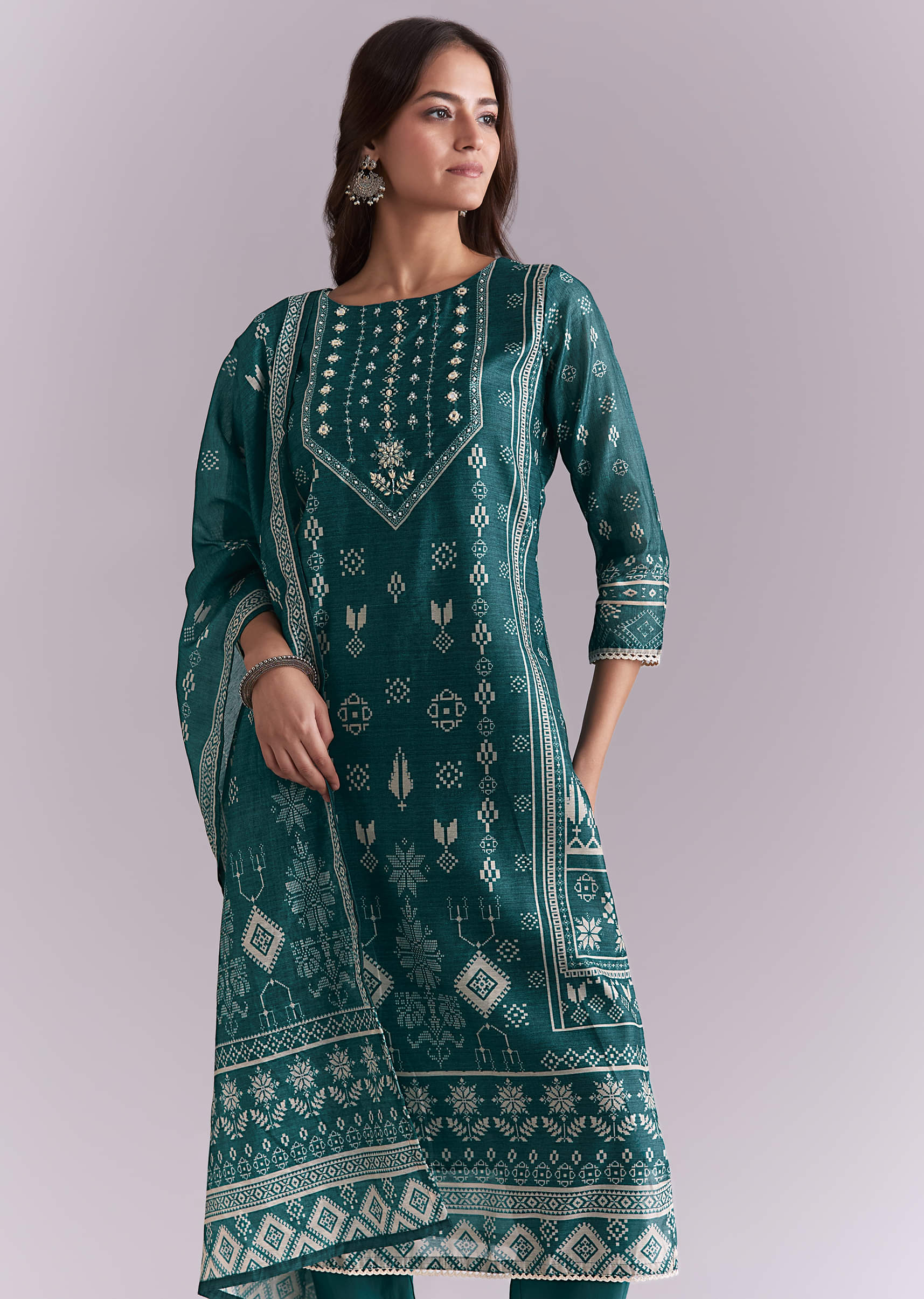 Blue Silk Kurta Set With Indie Print