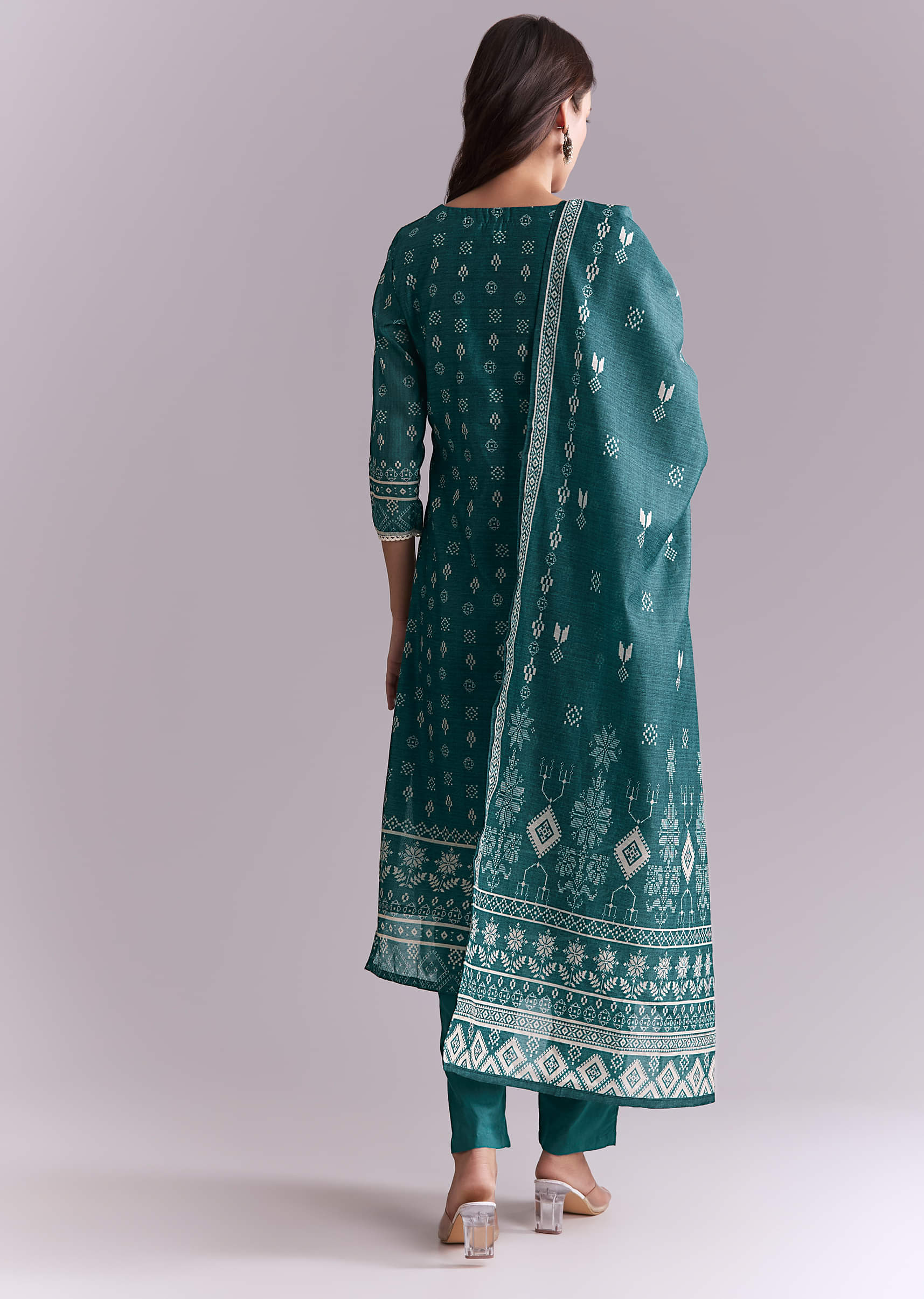 Blue Silk Kurta Set With Indie Print