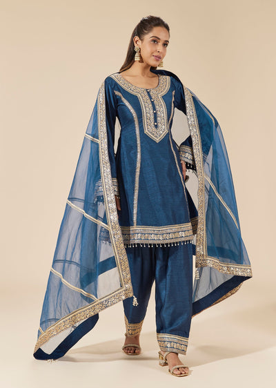 Blue Silk Kurta Set With Zari Sequin And Gotta Embroidery