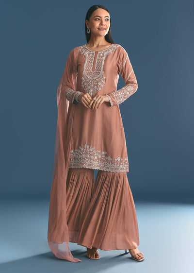 Peach Silk Kurta Sharara Suit With Cutdana Sequins Work