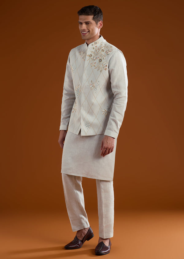 Blue Silk Kurta Jacket Set With Thread And Mirror Work