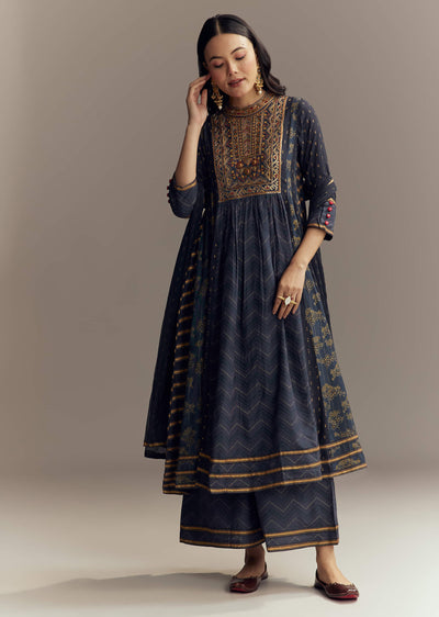 Blue Silk Printed Anarkali Suit With Sequins Work