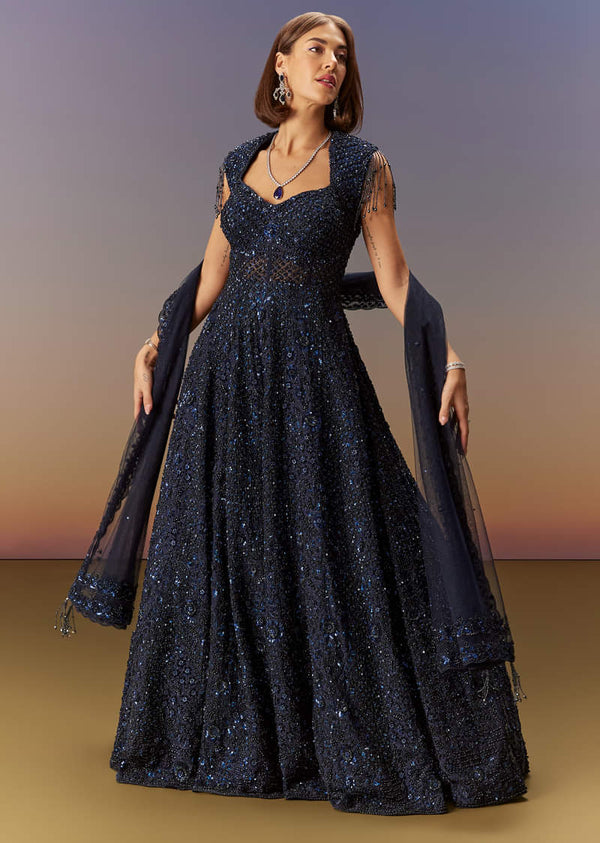 Blue Sleeveless Gown With Dupatta