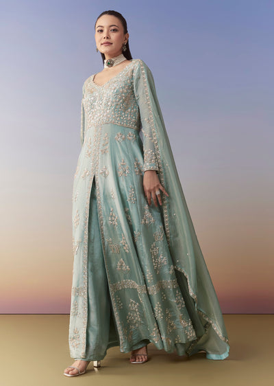 Blue Slit Anarkali Palazzo Set with Sequin Work