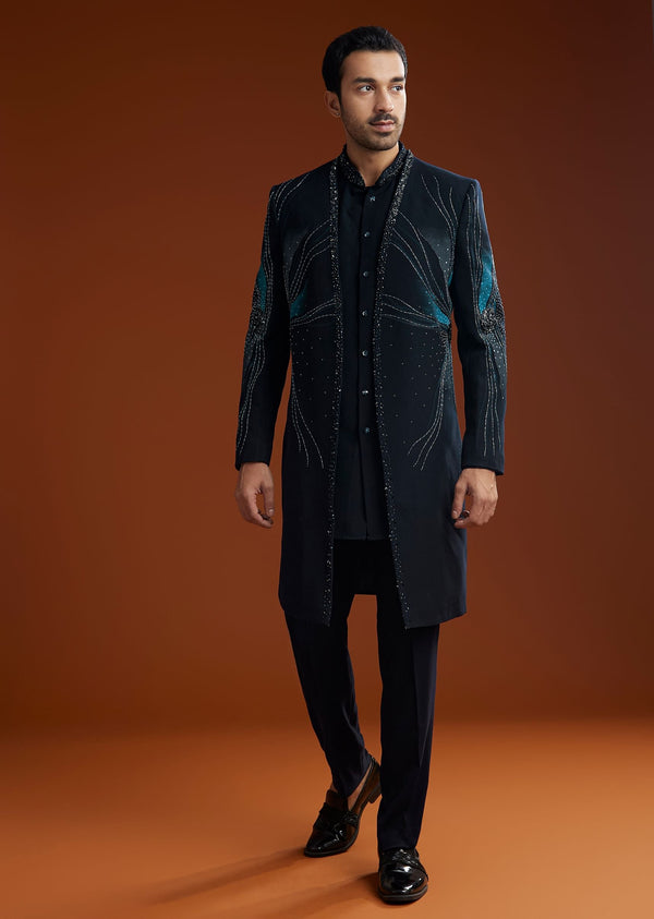 Blue Suiting Indo Jacket Set With Starlit Cutdana Work