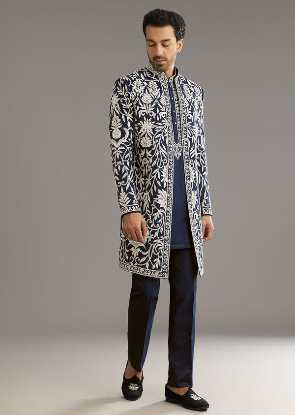 Blue Suiting Indo Western Set With Floral Embroidery